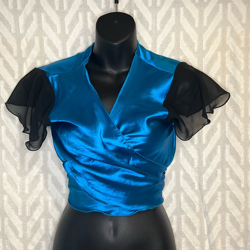 Blue Wrap Top with Black Organza, No Size Tag